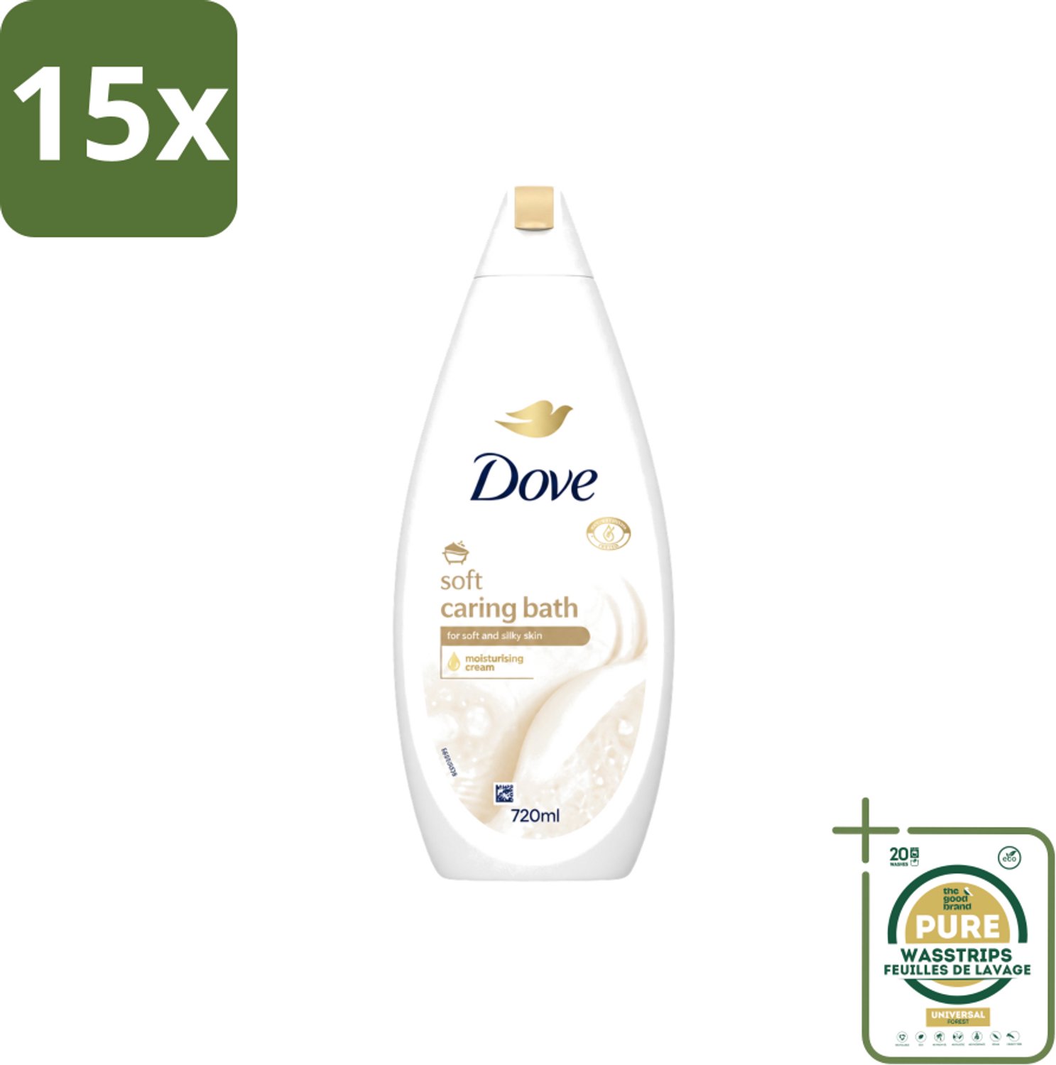15 x Dove – Badcrème – Soft – 720 ml - Wasstrips - Douchegel - Zachte Reiniging - Zijdezachte Huid - Glycerine - Schuim