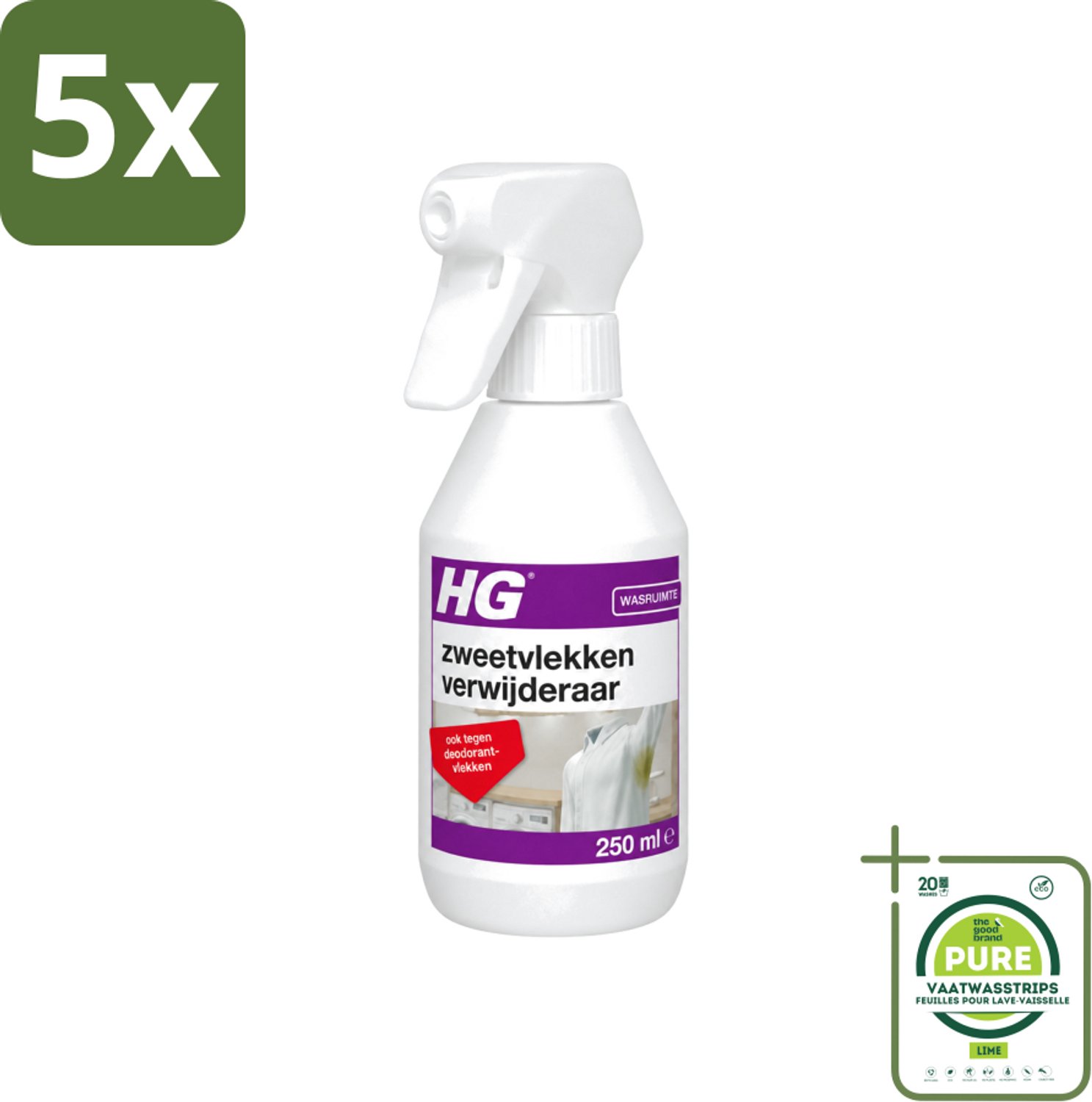 5 x HG - Wasruimte - Zweetvlekkenverwijderaar - Tegen Deodorantvlekken - 250 ml - Grootverpakking - Vaatwasstrips - Zweetvlekken Verwijderen - Gele Vlekken Verwijderen - Deodorantvlekken Verwijderen - Textiel Reinigen - Wasmiddel Voor Vlekken