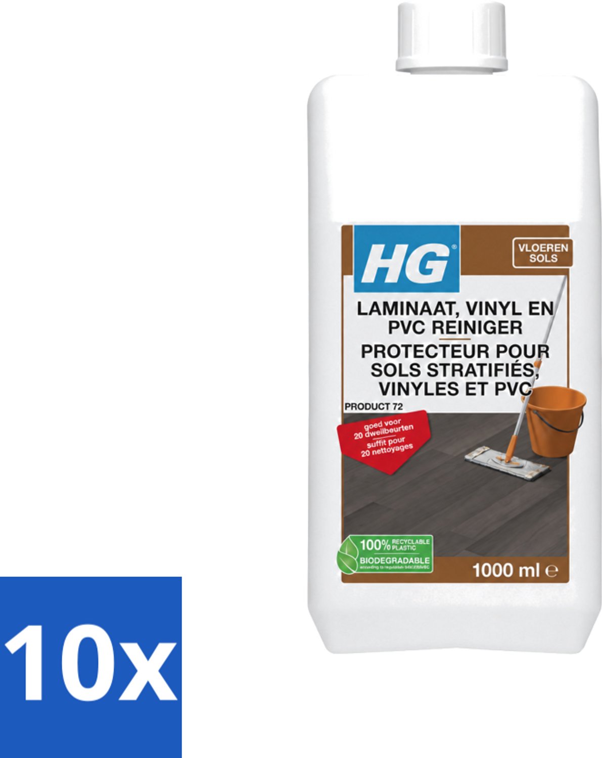 10 x HG - Laminaat, Vinyl & PVC Reiniger - Frisse Geur - Reinigt Streeploos - 20 Dweilbeurten - 1L - Voordeelverpakking - 10 stuks
