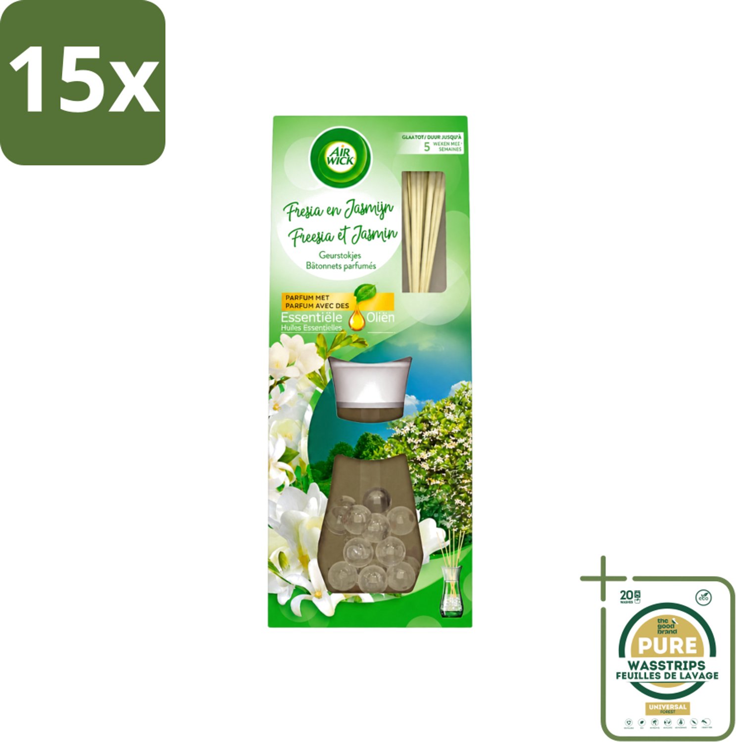 15 x Air Wick Essential Oils - Geurstokjes - Freesia & Jasmijn - 30ml - Wasstrips - Geurstokjes - Bloemige Geur - Freesia - Jasmijn - Essentiële Oliën