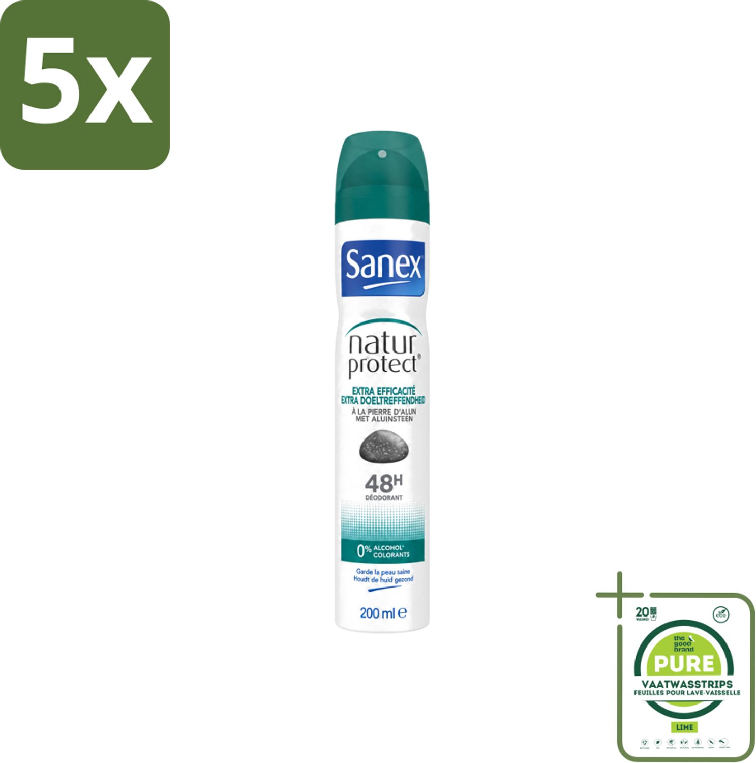 5 x Sanex – Deodorant Spray – Aluinsteen – 200 ml - Grootverpakking - Vaatwasstrips - Deodorant Spray - Natuurlijke Deodorant - Aluinsteen - Frisse Geur - Huidvriendelijk
