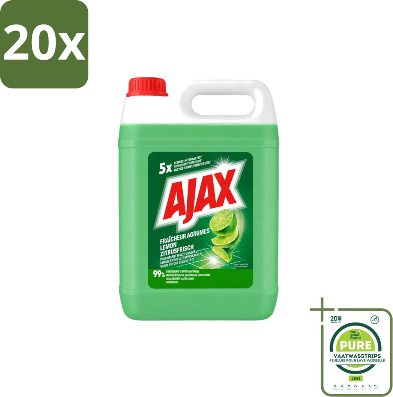 20 x Ajax – Allesreiniger – Limoen – 5000 ml - Grootverpakking - Vaatwasstrips - Allesreiniger Limoen - Krachtige Reiniger - Vet Verwijderen - Frisse Geur - Biologisch Afbreekbaar