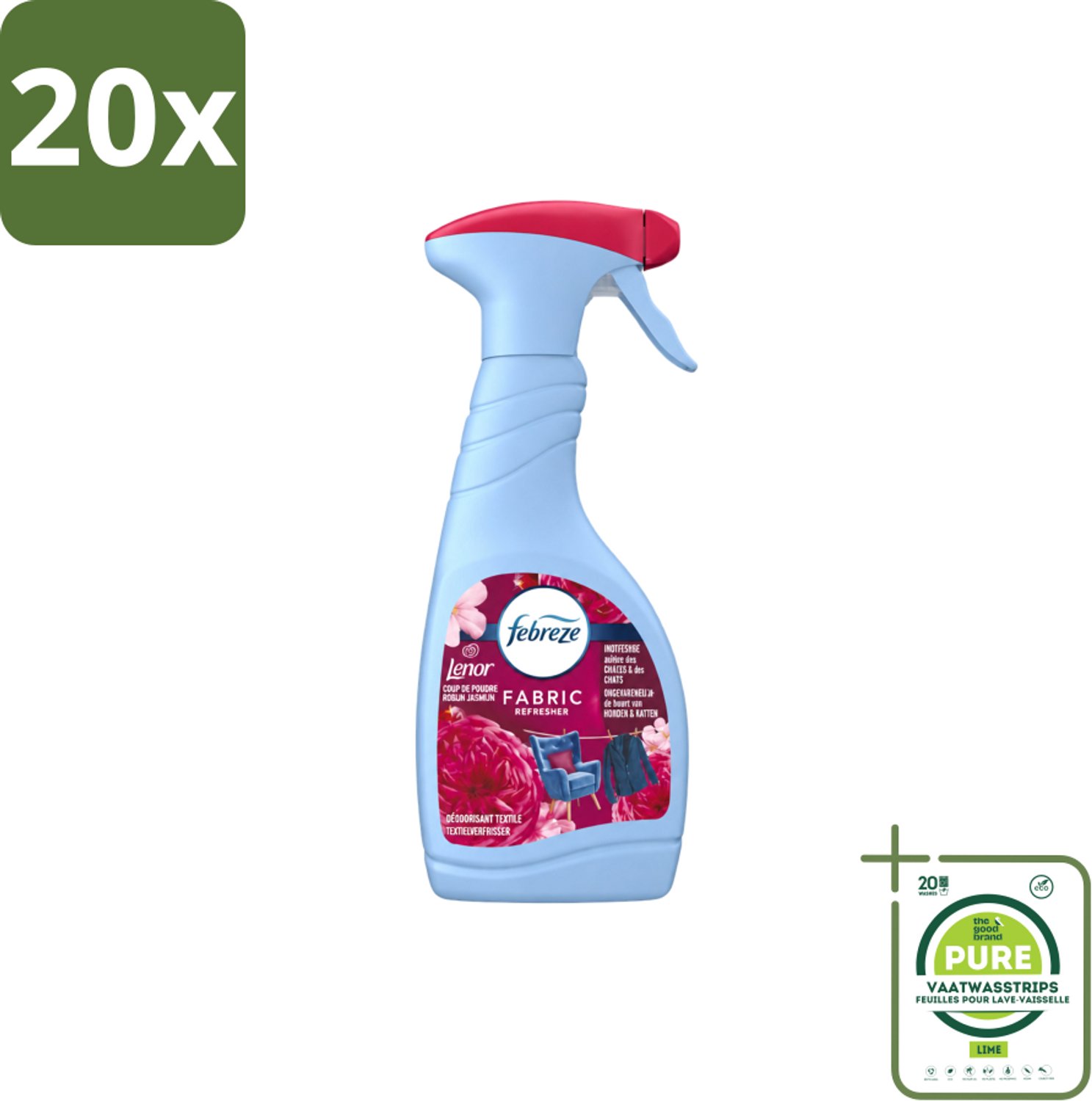 20 x Febreze – Textielspray – Robijn Jasmijn – 500 ml - Grootverpakking - Vaatwasstrips - Textielverfrisser - Textielgeur - Geurverwijdering - Jasmijngeur - Robijngeur