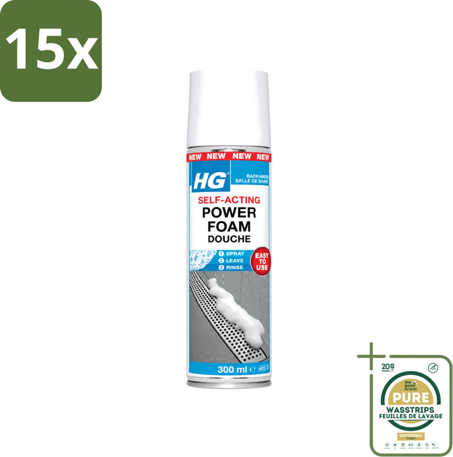 15 x HG - Badkamer - Badkamerreiniger - Power Foam Douche - Zelf-Activerend - 300 ml - Wasstrips - Badkamerreiniger - Schuimreiniger - Zelf-activerend Schuim - Douche Reinigen - Kalkaanslag Verwijderen