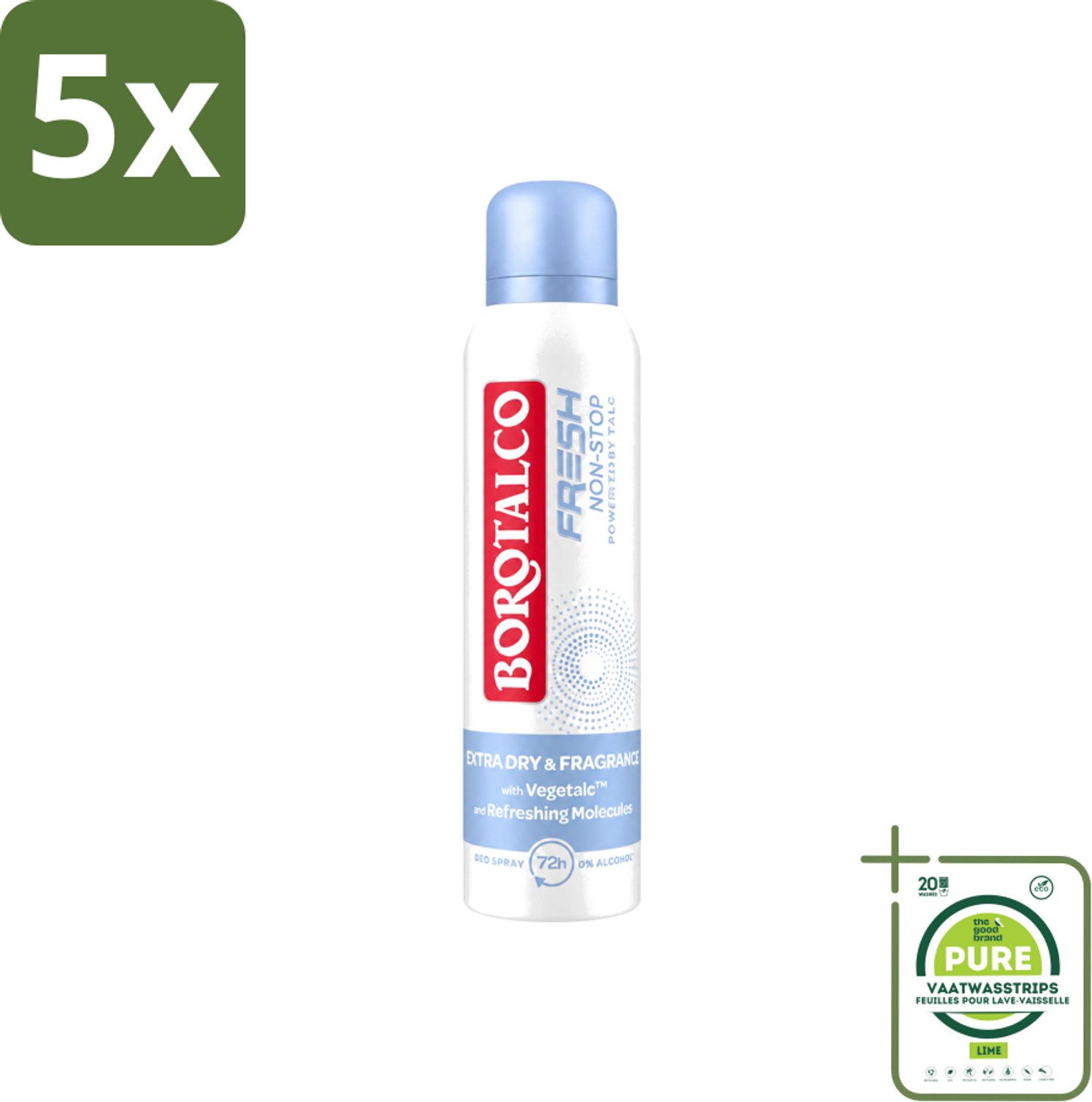 5 x Borotalco – Deodorant Spray – Fresh Non-Stop – 150 ml - Grootverpakking - Vaatwasstrips - Frisheid - Zweetbestendig - Menthol - Koel Gevoel - Deodorant Spray