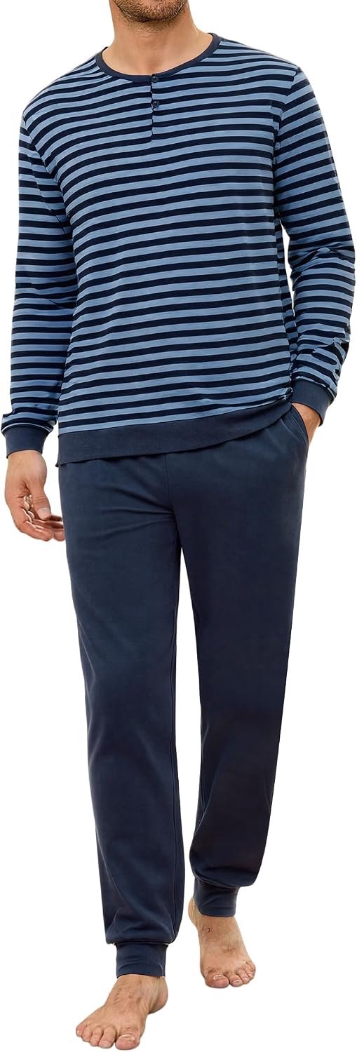 Winterpyjama voor heren, lang, licht, gestreept, 2 stuks, lange mouwen, nachtkleding, ronde hals, met knopen, comfortabel, S-XXL