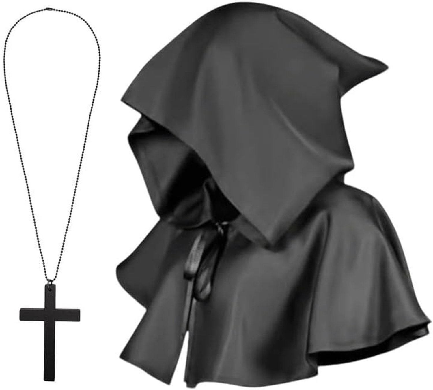 2-delige Halloween-kostuum, middeleeuwse hoed en halsketting met kruis, middeleeuwse cape met capuchon, cosplay-accessoires voor uniseks, vampier, dode duivel, cosplay, Halloween