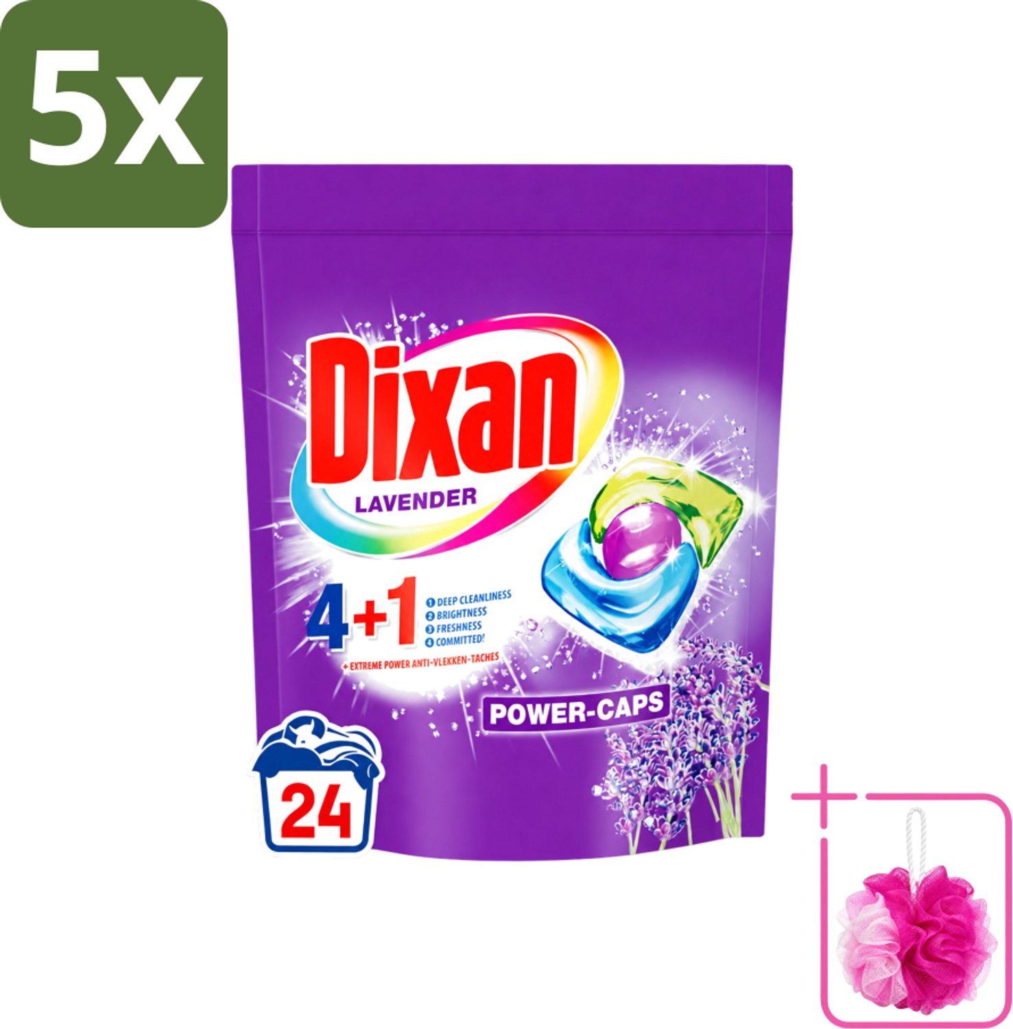 5 x Dixan Power Caps - Wasmiddelcapsules en Vlekverwijderaar - Extreme Power - Gekleurde Was - Lavendel - 24 Wasbeurten - Bulkverpakking - Wasmiddelcapsules - Douchemop - Vlekverwijderaar