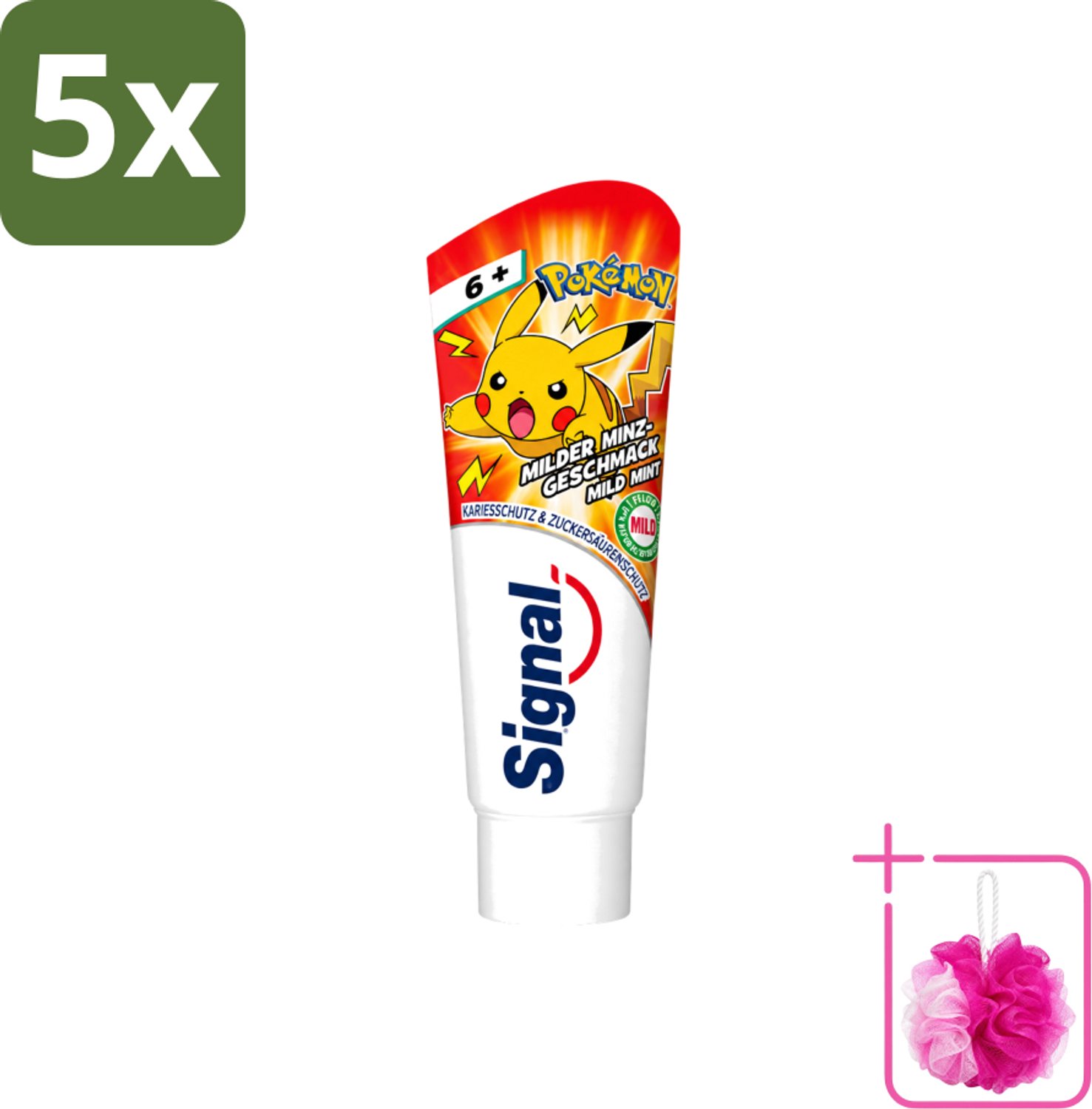 5 x Signal - Pokémon - Tandpasta - Milde Munt Smaak - Anti-Tandsteen - Kinder 6+ Jaar - 75 ml - Bulkverpakking - Tandpasta voor kinderen - Douchemop - Anti-tandsteen tandpasta