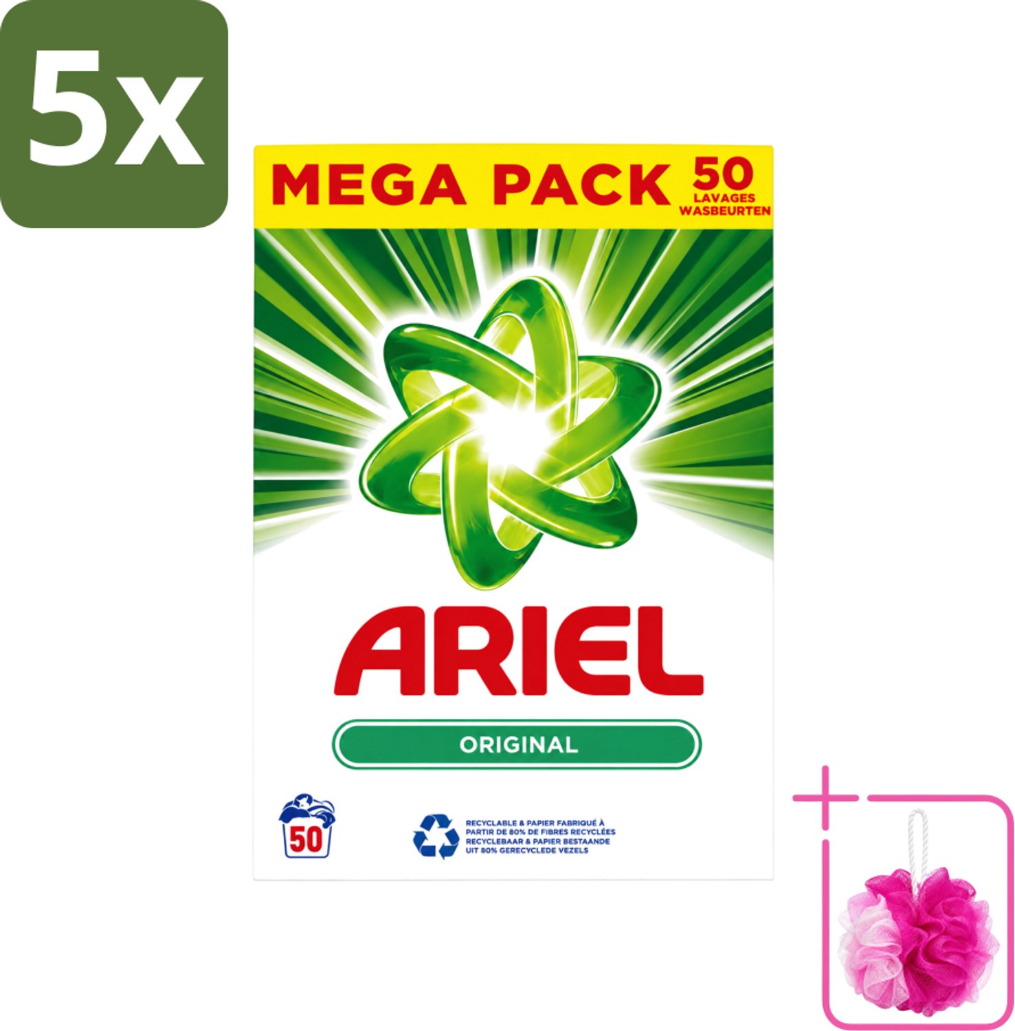 5 x Ariel Original - Waspoeder - Witte en Lichtgekleurde Was - 50 Wasbeurten - Bulkverpakking - Waspoeder - Douchemop - Reiniging