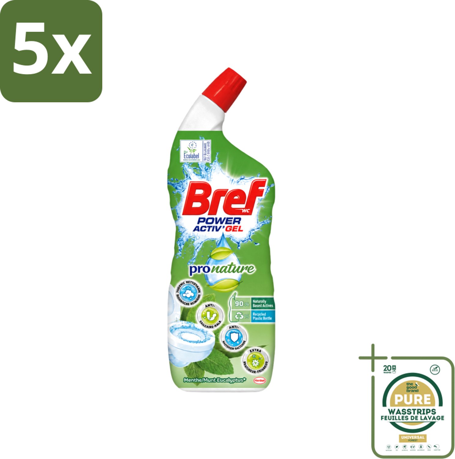 5 x Bref WC - Power Activ+ - Toiletreiniger - Gel - Eucalyptus - 700 ml - Wasstrips - Toiletreiniging - Eucalyptus - Natuurlijke Reiniging - Duurzame Toiletreiniger - Milieuvriendelijk