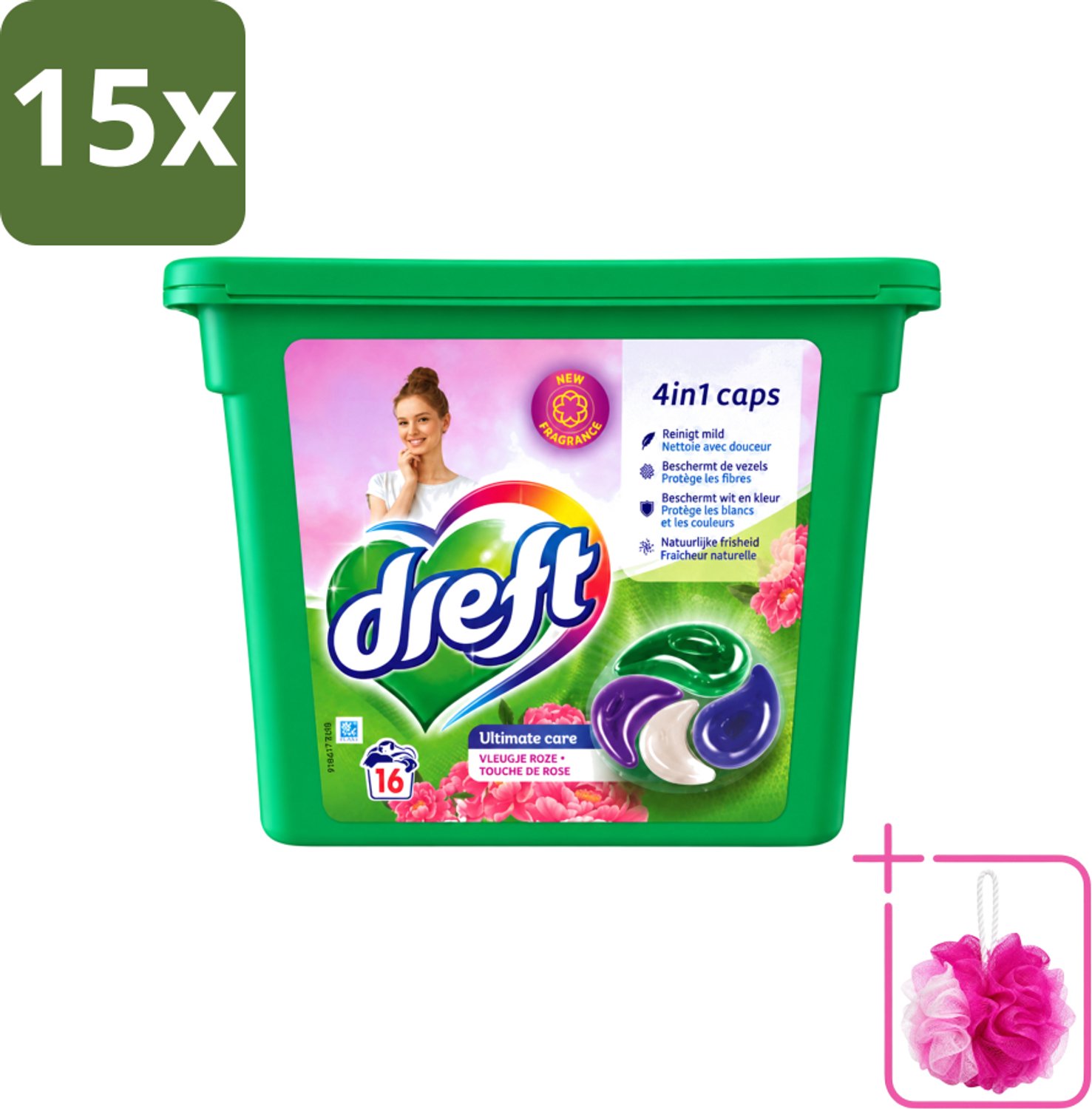15 x Dreft - Wasmiddelcapsules 4in1 - Witte en Gekleurde Was - Vleugje Roze - 16 Wasbeurten - Bulkverpakking - Wasmiddelcapsules - Douchemop - Was
