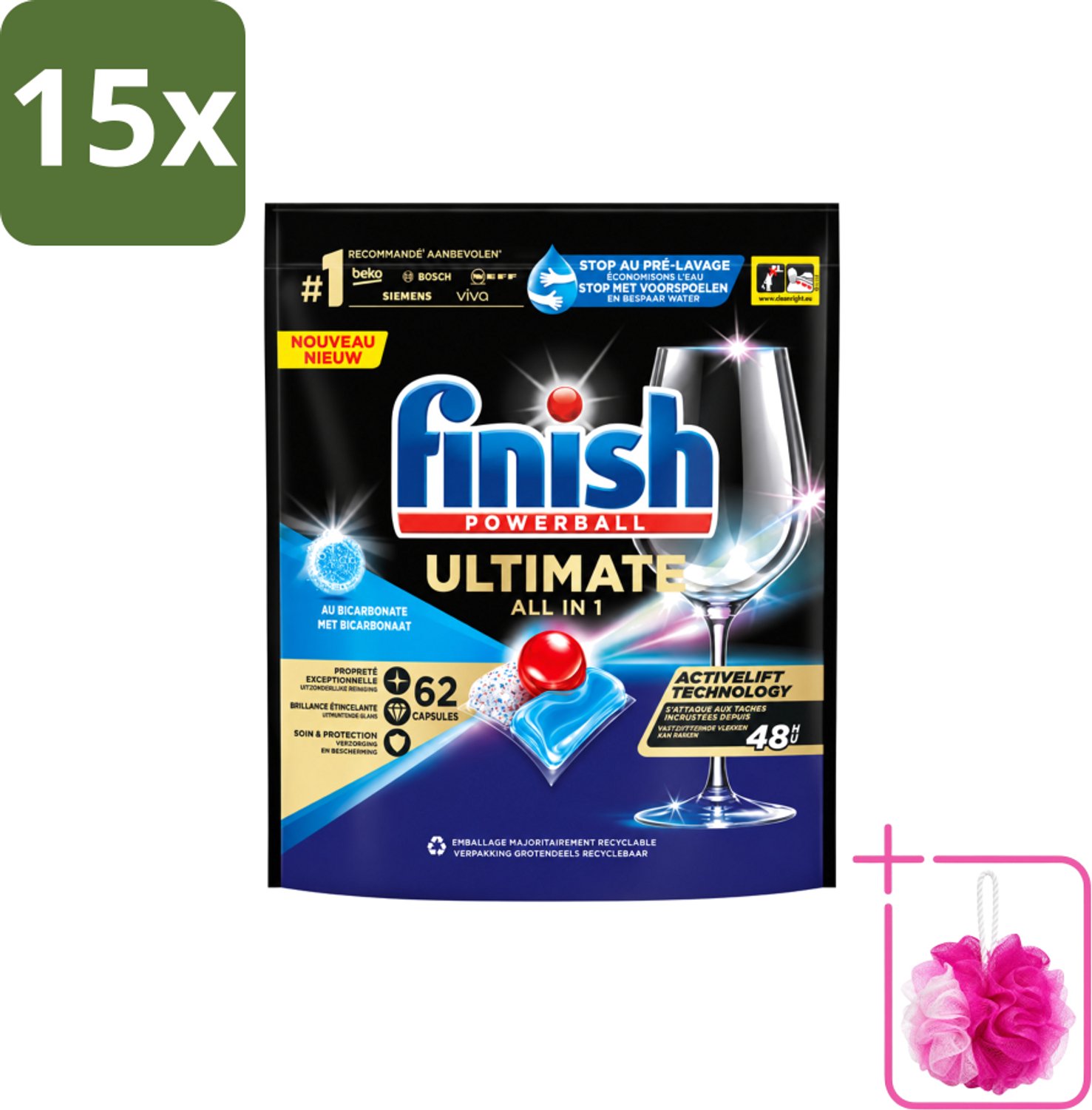15 x Finish Powerball - Ultimate All in One - Vaatwastabletten - Met Bicarbonaat - 62 Capsules - Bulkverpakking - Vaatwasmiddel - Douchemop - Vaatwascapsules