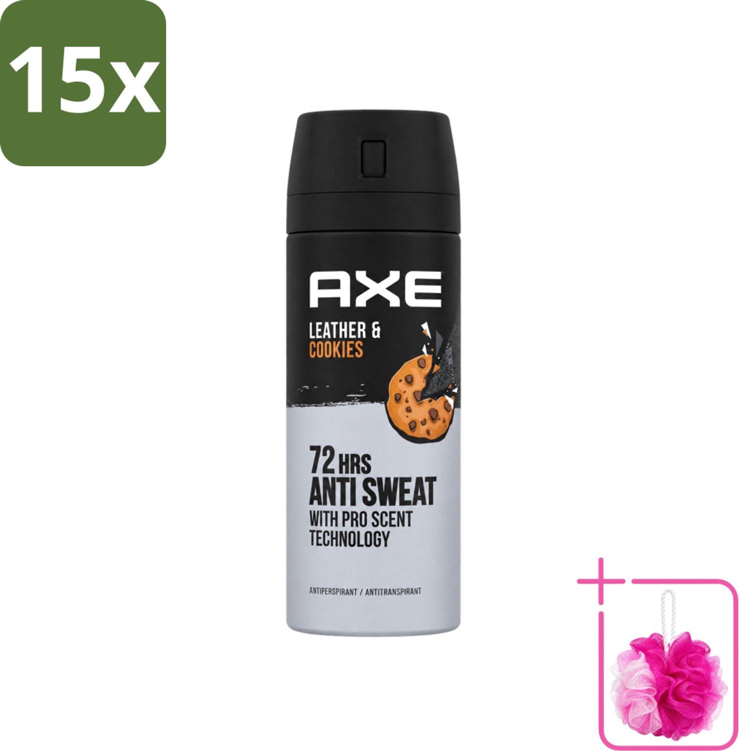 15 x Axe - Deodorant Spray - 72hrs Anti Sweat - Leather & Cookies - 150 ml - Bulkverpakking - 72 uur anti zweet - Douchemop - Deodorant spray
