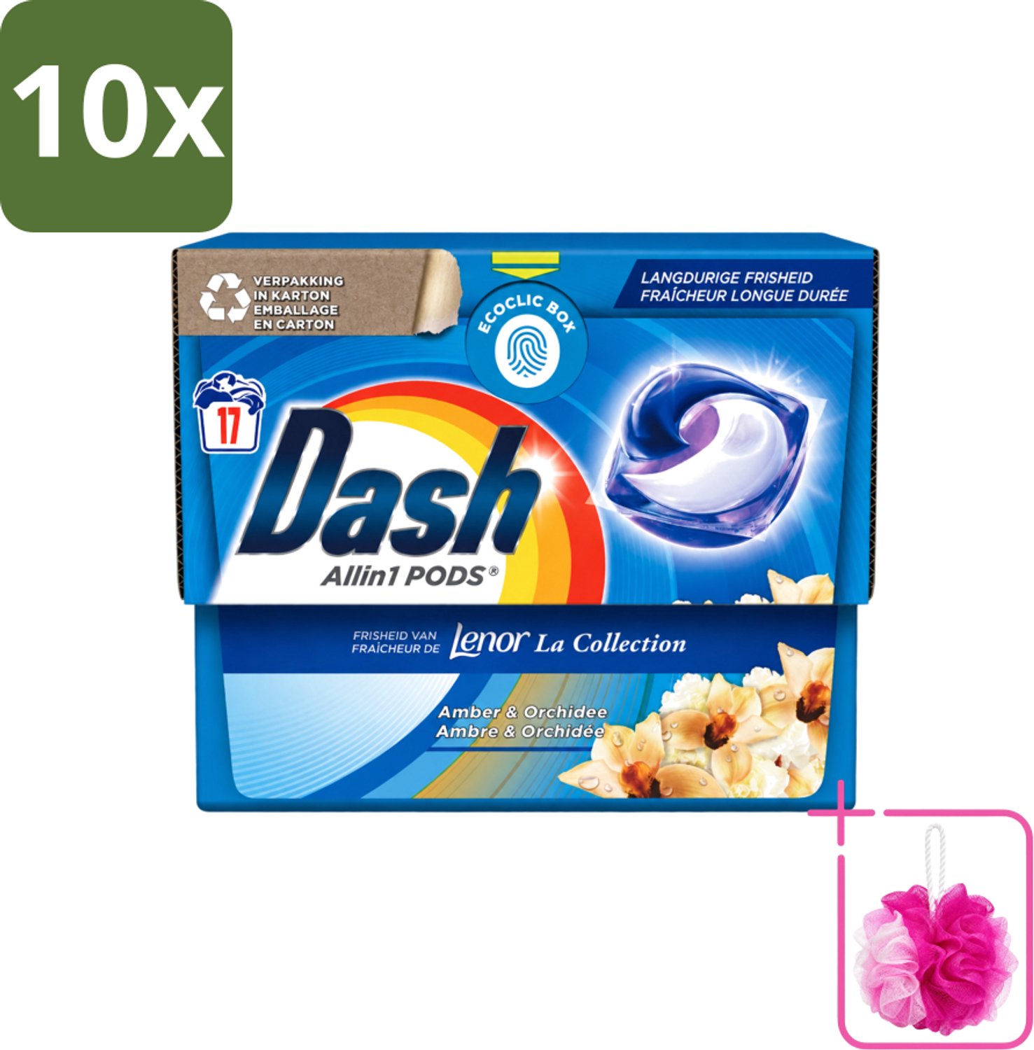 10 x Dash - Lenor Collectie - Wasmiddel Capsules - All-in-1 Pods - Witte en Gekleurde Was - Amber & Orchidee - 17 Wasbeurten - Bulkverpakking - Wasmiddel capsules - Douchemop - Wasbeurt
