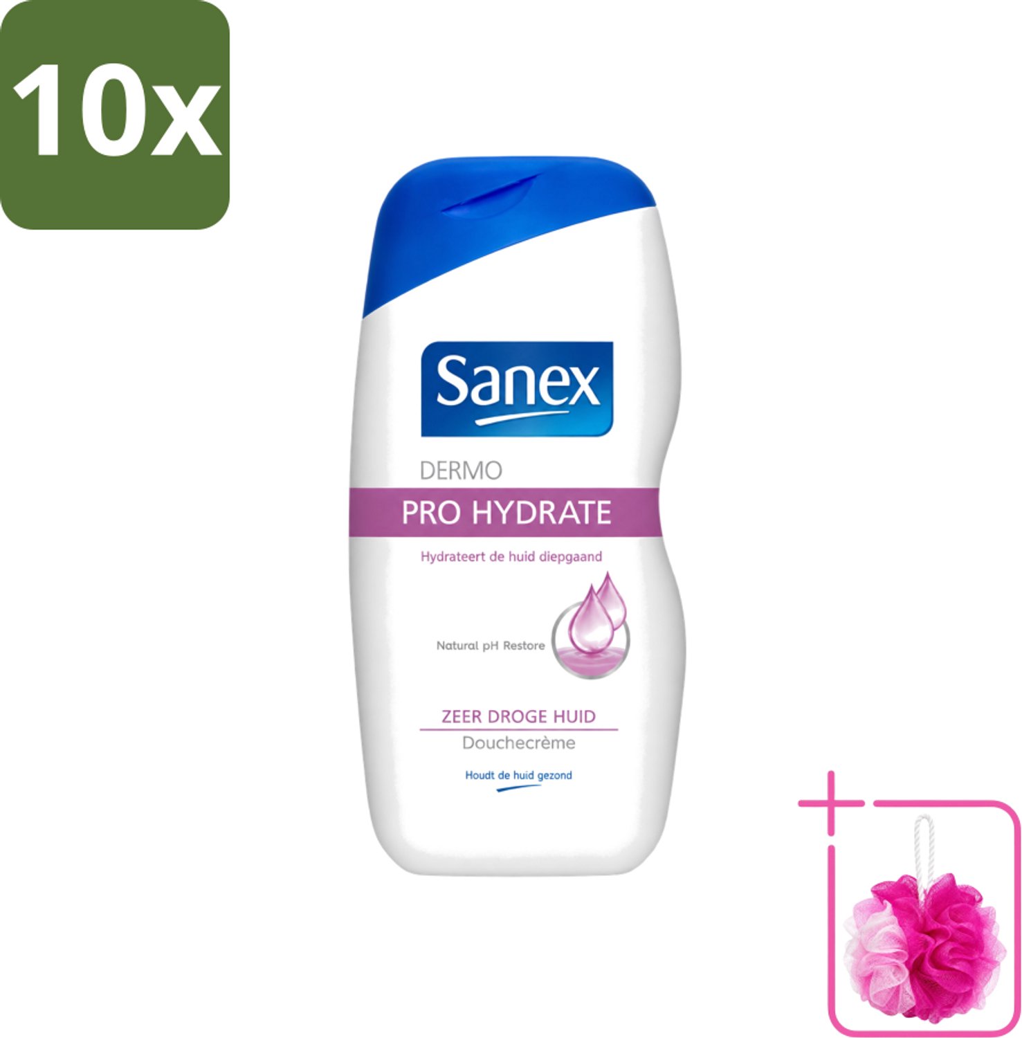 10 x Sanex Dermo - Pro Hydraterend - Douchecrème - Zeer Droge Huid - 500 ml - Bulkverpakking - Hydratatie huid - Douchemop - Droge huid