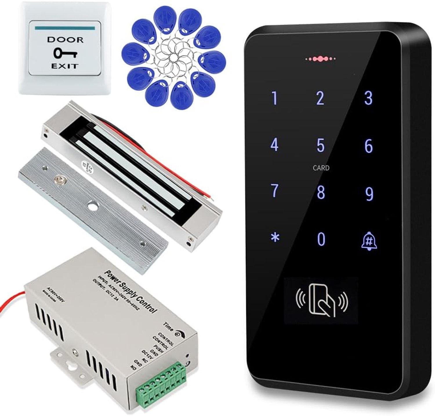 Waterdicht RFID-toetsenbord, standalone toegangscontrolesysteemkit, uitgerust met DC12V/3A-voeding, 180kg/350lbs elektromagnetisch slot, exit-ontgrendelingsknop en 10
