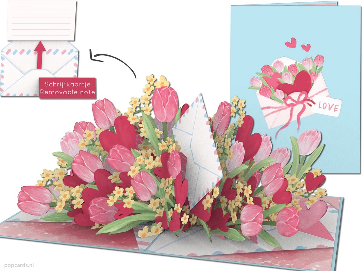 Popcards Pop-up Kaart - Liefdesbrief met Roze Tulpen & Hartjes Valentijnskaart 3D-Kaart (Wenskaart, Valentijn, Verloving, Aanzoek, Huwelijk, Verliefd),