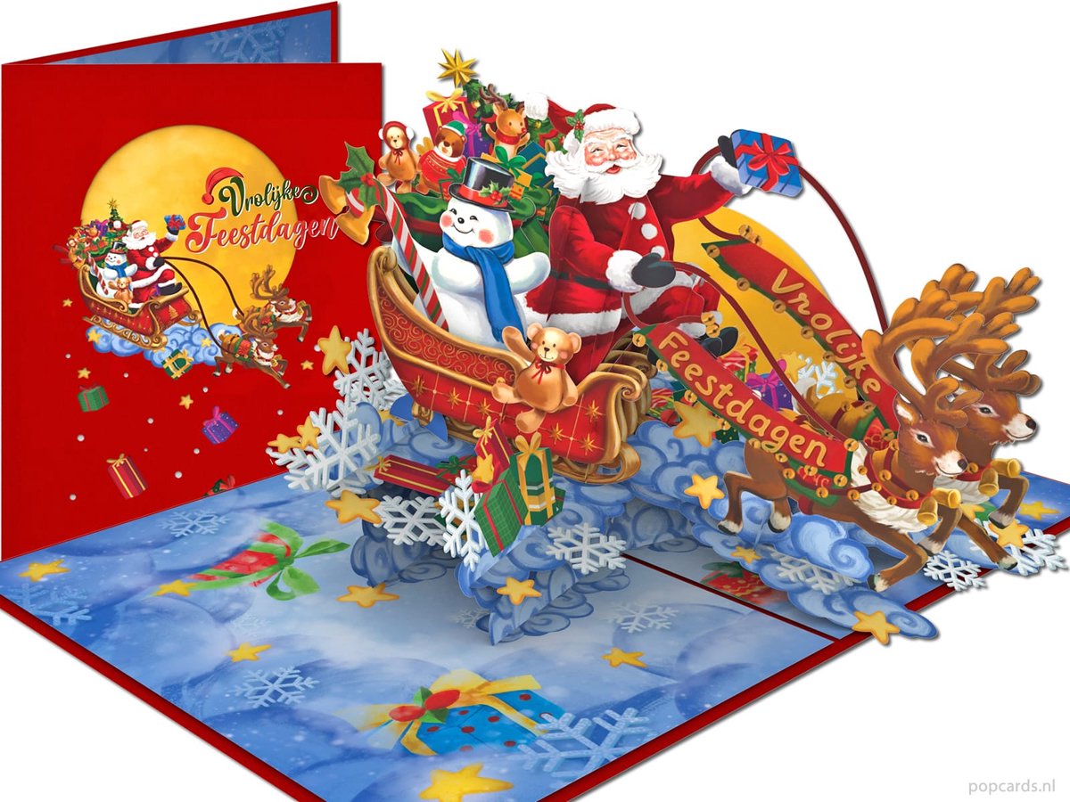Popcards Pop-up Kaart - Vrolijke Kerstkaart Kerstman op Slee met Rendieren  Superleuke 3D-kaart (Wenskaart, Feestdagen, Vrolijke Kerst, Cadeautjes)