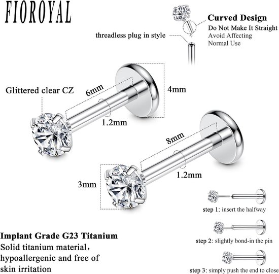G23 Titanium Lip Piercing Neus Stud 16G 20G Schroefdraad Push In Medusa Piercing CZ Opaal Flat Piercing oor 6/8MM Helix Piercings Zilver Helix Conch Labret Tragus Neus Piercing Sieraden — afbeelding 5