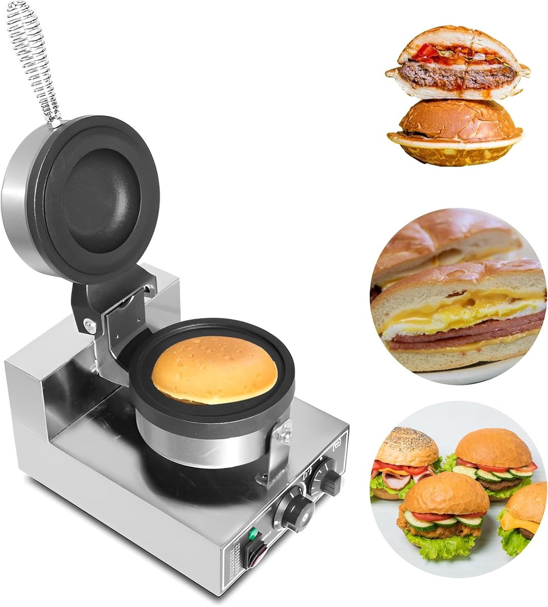 UFO-hamburgermachine, commerciële panini-pers met antiaanbaklaag voor hamburgers, instelbare temperatuur van 50 tot 300 °C, tijdsinstelling van 0 tot 5 minuten voor commercieel thuisgebruik