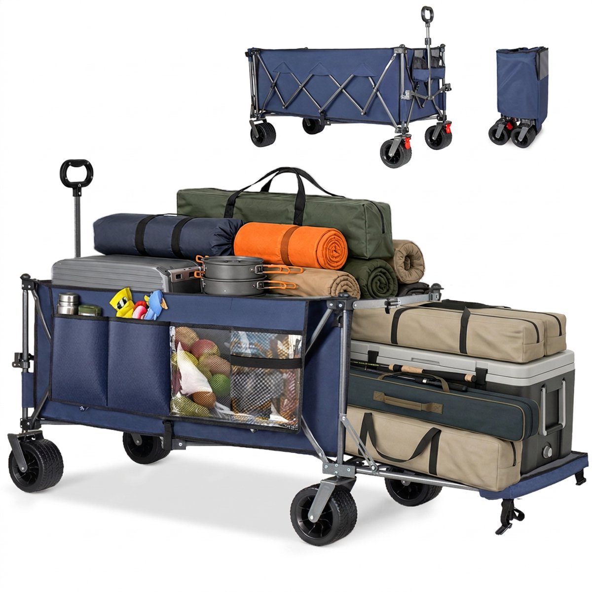 Bolderkar - Opvouwbare Bolderkar - 300L+120L Strandkar - Tuinkar - Transportwagen - Achterklep - Brede Wielen - Snel Inklapbaar - Robuust Frame - Camping - 180cm - Vervoeren - Blauw