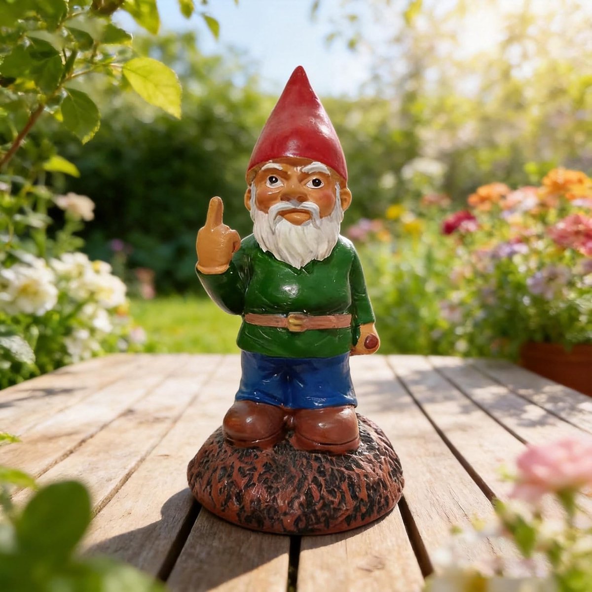Standbeeld, 15 cm, dwergenornament, grappige tuin-gazonornamenten, waterdichte zonbescherming, tuindecoratie voor de tuin, terras, balkon, middelvinger, grappige kabouter