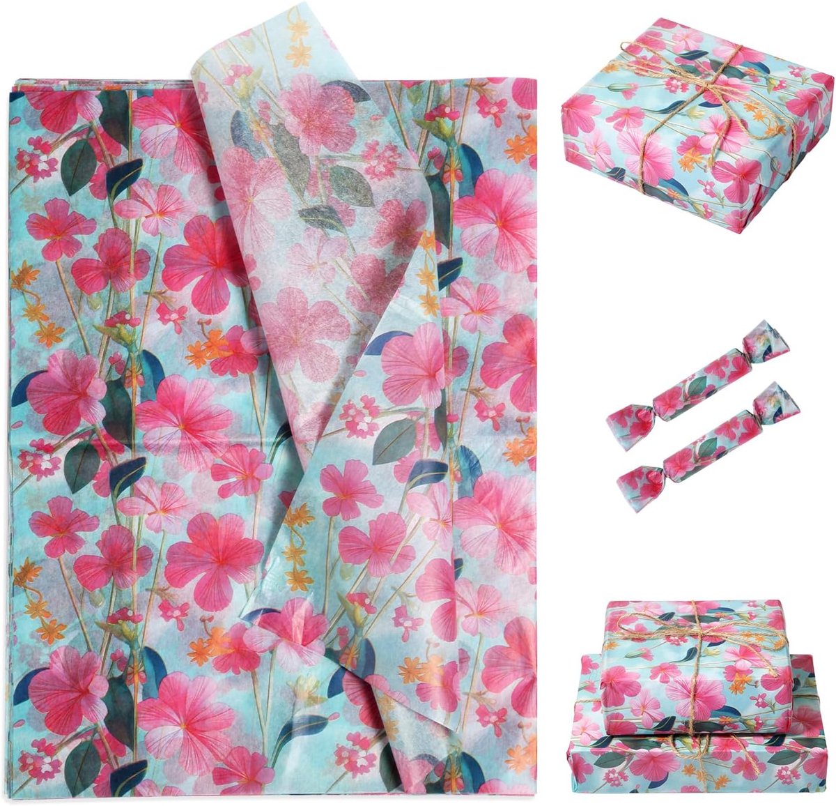 30st Roze Bloemen Vloeipapier, Mooi Inpakpapier Verjaardag Cadeau Vloeipapier Pakketpapier Bloemmotief Bedrukt Inpakpapier voor Feest Handwerk Decoratie (Winterjasmijnstijl)