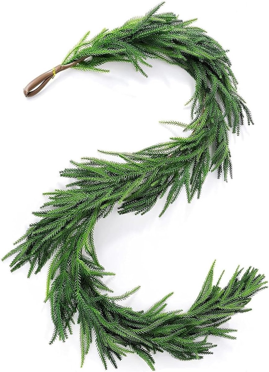kunstmatige groene dennenslinger met strik, kerstkrans voor binnen, buiten, open haard, trap, kerstdecoratie (2,7 m)
