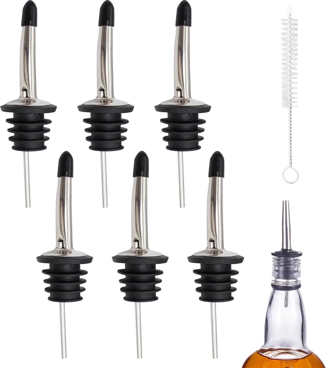 6 Roestvrij Staal Freeflow Pourer Met Stofdoppen En 1 x Reinigingsborstel,Vrijstroom-Oliestop Schenktuit,Fles Schenken Spirit Pourer, Wijnstopper Voor Wijn Olijfolie Koffie Siroop Azijn
