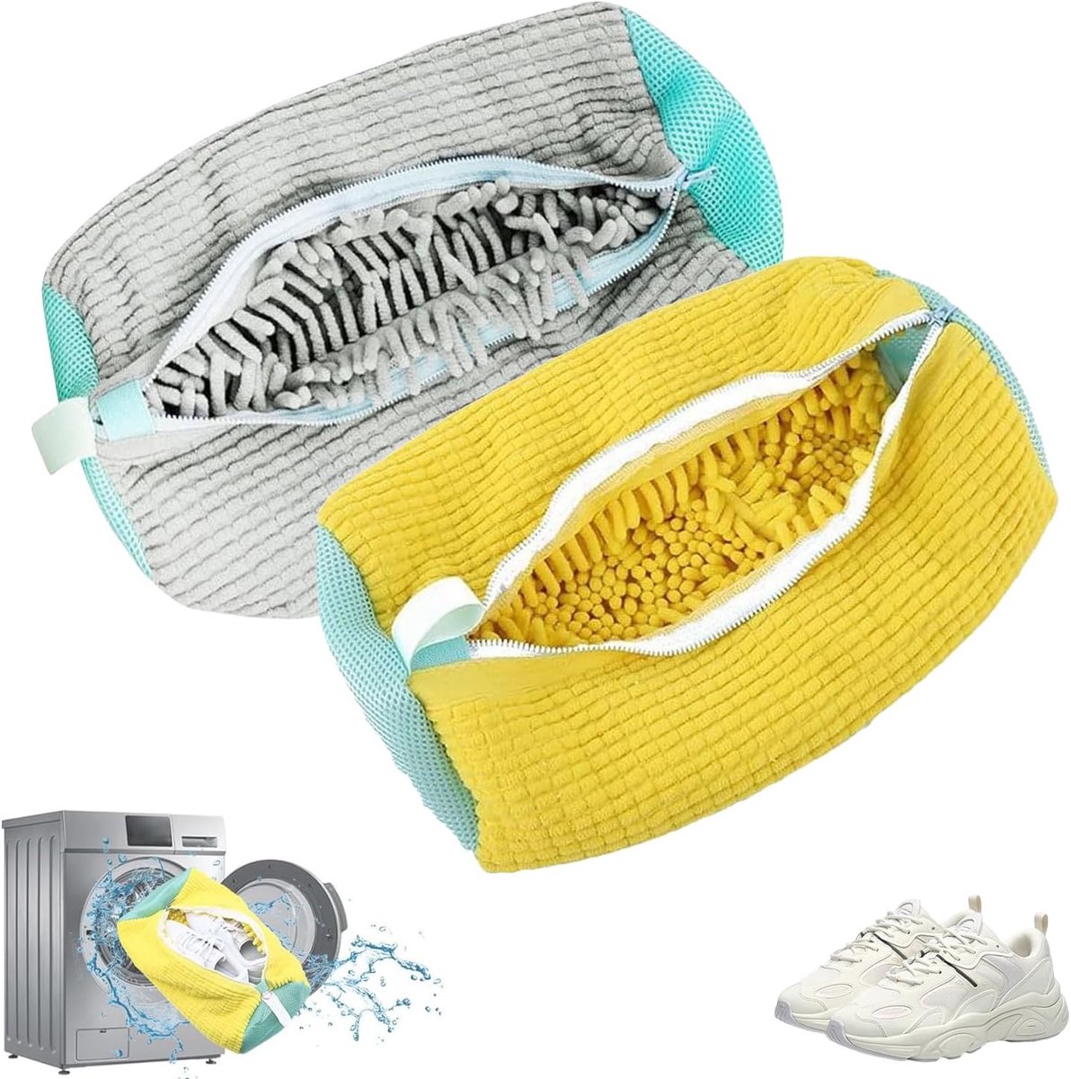 2 stuks schoenenzakken voor de wasmachine, waszak voor de wasmachine, schoenenzak voor de wasmachine, herbruikbaar en vervormingsbestendig, beschermt schoenen tegen schade (geel/grijs)