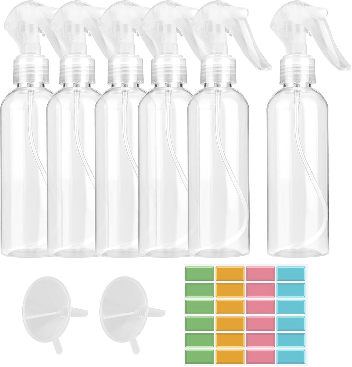 6 stuks 200 ml spuitfles, fine mist met 24 etiketten en 2 trechters, PET-verstuiver, waterspuitfles voor huisreiniging, tuin, kapper, planten, bloemen