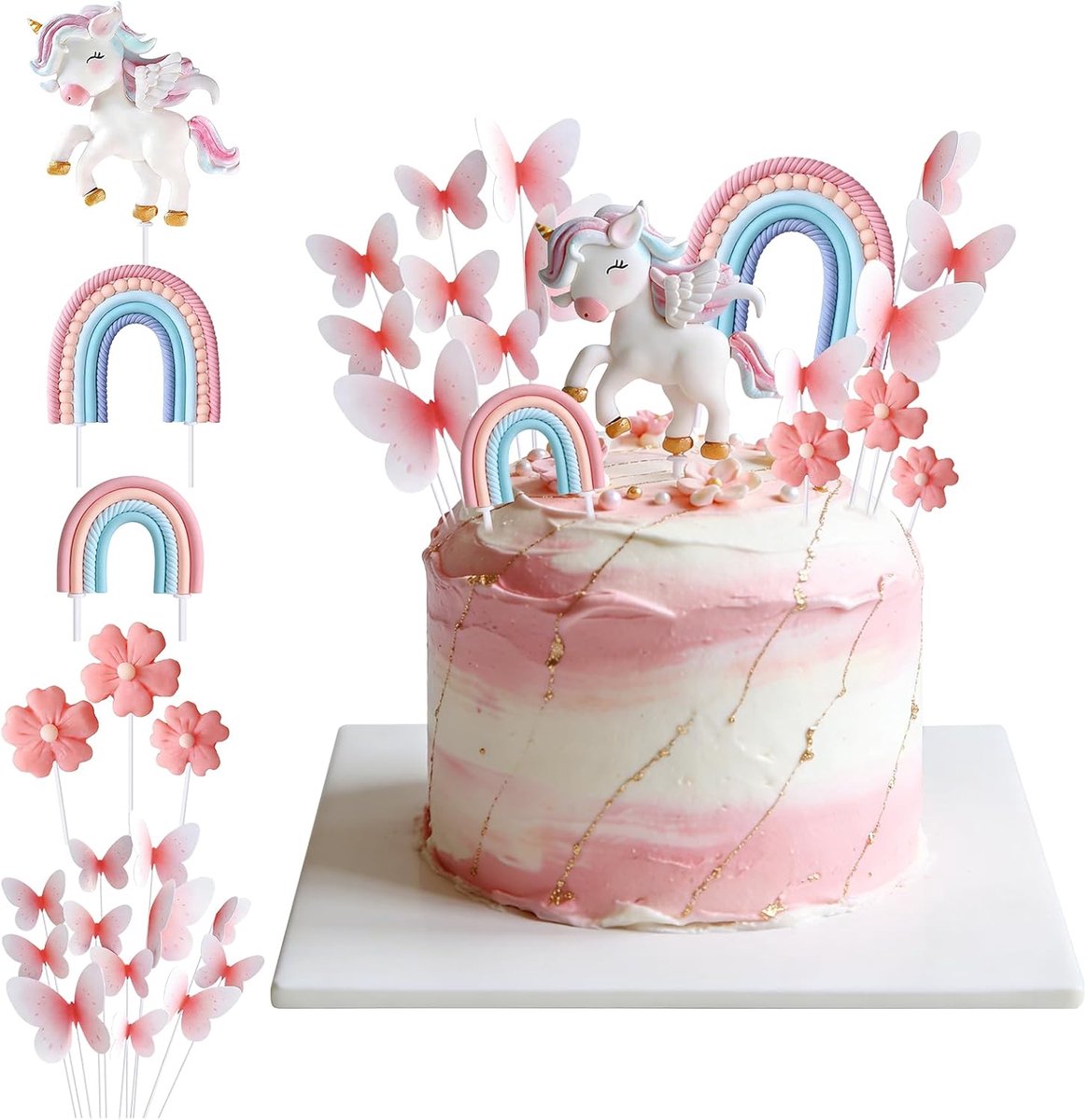 18 stuks eenhoorn-taartdecoratie, eenhoorns, regenboog, bloemen, vlinders, taartdecoratie voor verjaardag, bruiloft, themafeest