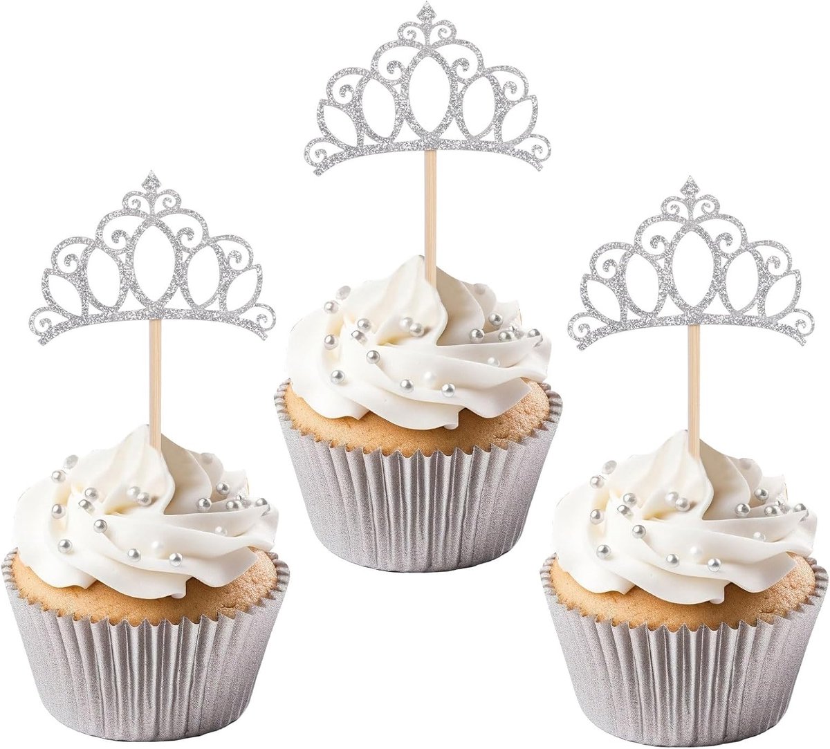 24 Stuks Kroon Cupcake Toppers, Zilveren Glitter Sneeuwkoningin Prinses Thema Taartprikkers Decoraties voor Meisjes Verjaardag Babyshower Bruiloft Feestbenodigdheden
