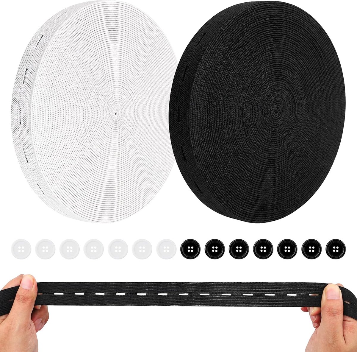 2 rollen elastiek met knoopogen, platte naaiband, 2 cm breed, met knopen, elastisch broekelastiek, voor broekrok, hoofdband, doe-het-zelf naaien, kleding en riem (zwart, wit)