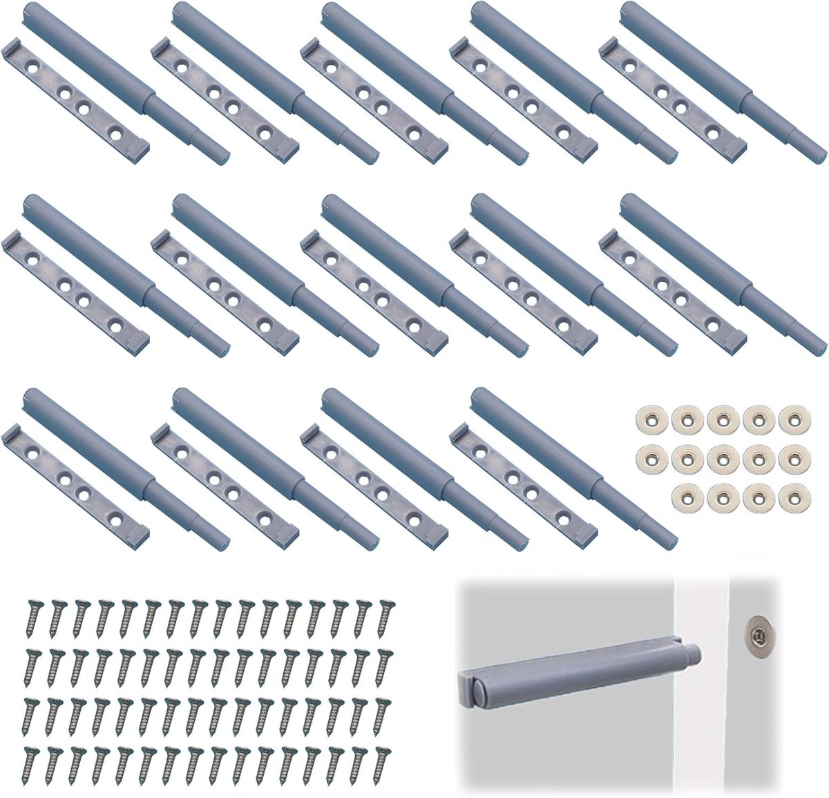 deurdemper push to open 14 stuks – magnetisch druksysteem kastdeursluiter – verstelbare lengte 120mm – grijs – voor keukenkast, boekenkast, meubeldeur