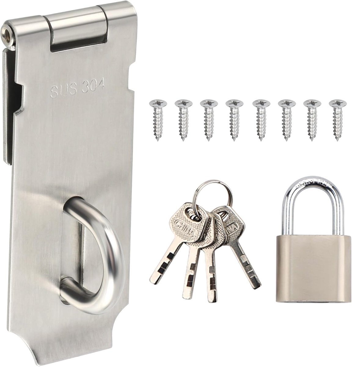 Hangslot Hasp Lock, Deurslot van Roestvrij Staal, Vergrendeling voor Deur, Kast, Lade,Geborsteld,4 inch met hangslot, EMST009-LS