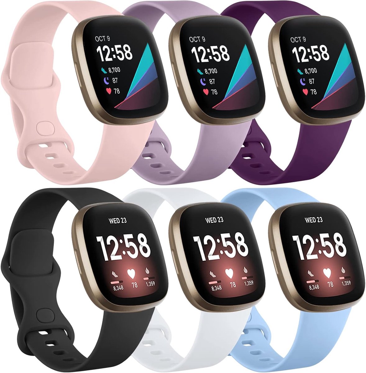 6-pack bandjes Compatibel met Fitbit Versa 3/Versa 4 bandjes/Fitbit Sense/Sense 2 riem, Zachte Sport Horlogeband Vervangende polsbandjes voor Vrouwen Mannen