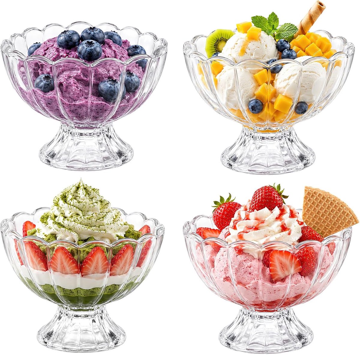 Dessertkommen van glas, ijsbekers, set van 4, dessertglazen, veelzijdige ijsbekers, ijsschaal, perfect voor tiramisu, panna cotta, pudding en gelaagde desserts (bloemblaadje)