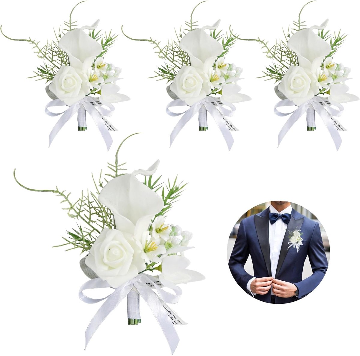 4 STKS Calla Lily Boutonniere Handgemaakte Romantische Witte Corsage Geschikt voor Huwelijksceremonie, Verjaardag, Diner Dans (4)