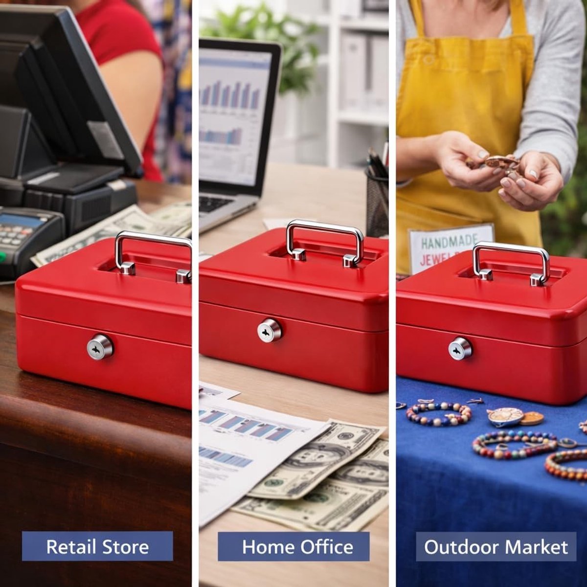 Geldbox met Slot en 2 Sleutels, Kleine Kluis voor Munten en Briefgeld, Veilig Opslaan Thuis, Kantoor en Evenementen, Verkrijgbaar in 10 cm, 15 cm en 20 cm, Diverse Kleuren