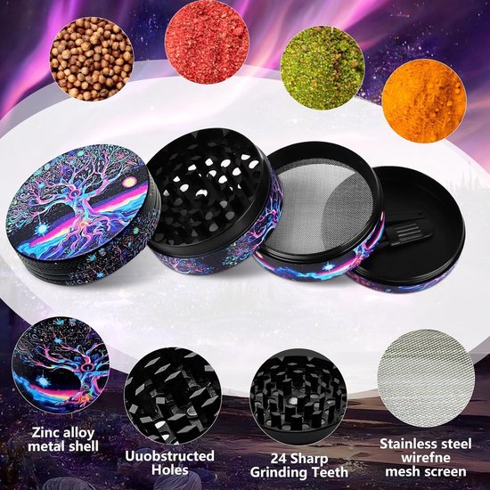 Grote 50MM Kruidengrinder met Schraper en Plastic Borstel - 4 Laags Pollenmolen voor Specerijen en Kruidenset met Paars Boomdesign — afbeelding 3