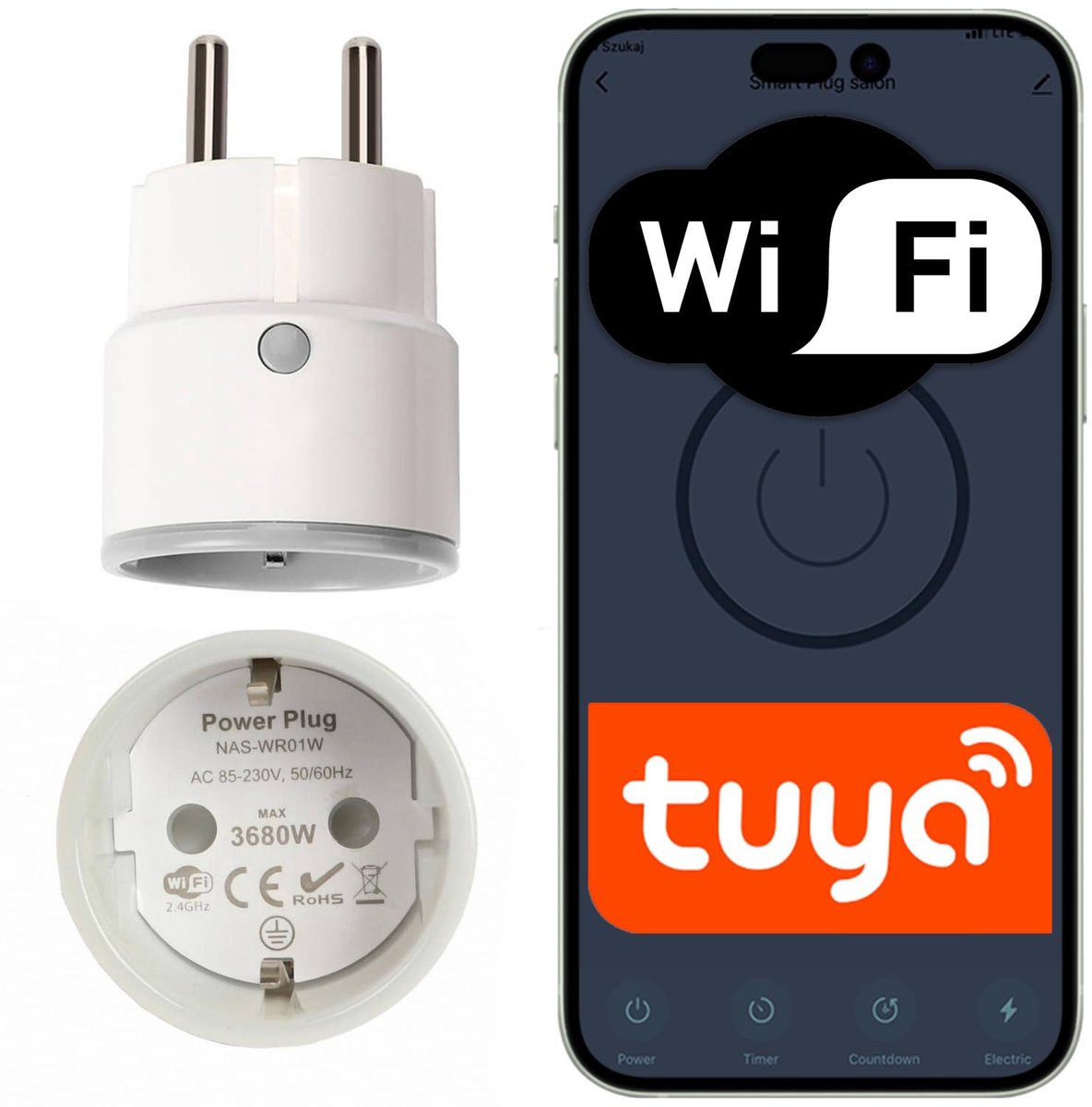 SnelShoppen - Smart Wifi-stopcontact Schuko Tuya 16A met Stroommeting - Slimme Stekker Wit, 3680 W, Timer, Werkt met Alexa en Google, Zonder Hub