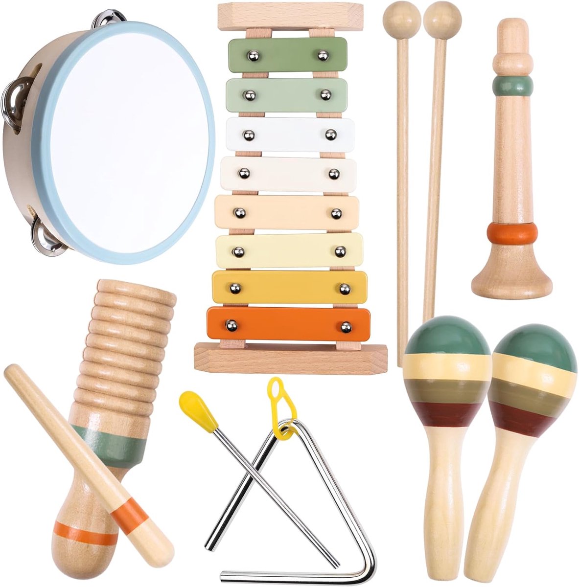 SnelShoppen - Musikinstrumenten voor Kinderen 3 Jaar, Houten Montessori Muziekset 12-delig met Xylfoon, Tambourijn, Rammelaars, Guiro, Triangel en Hou
