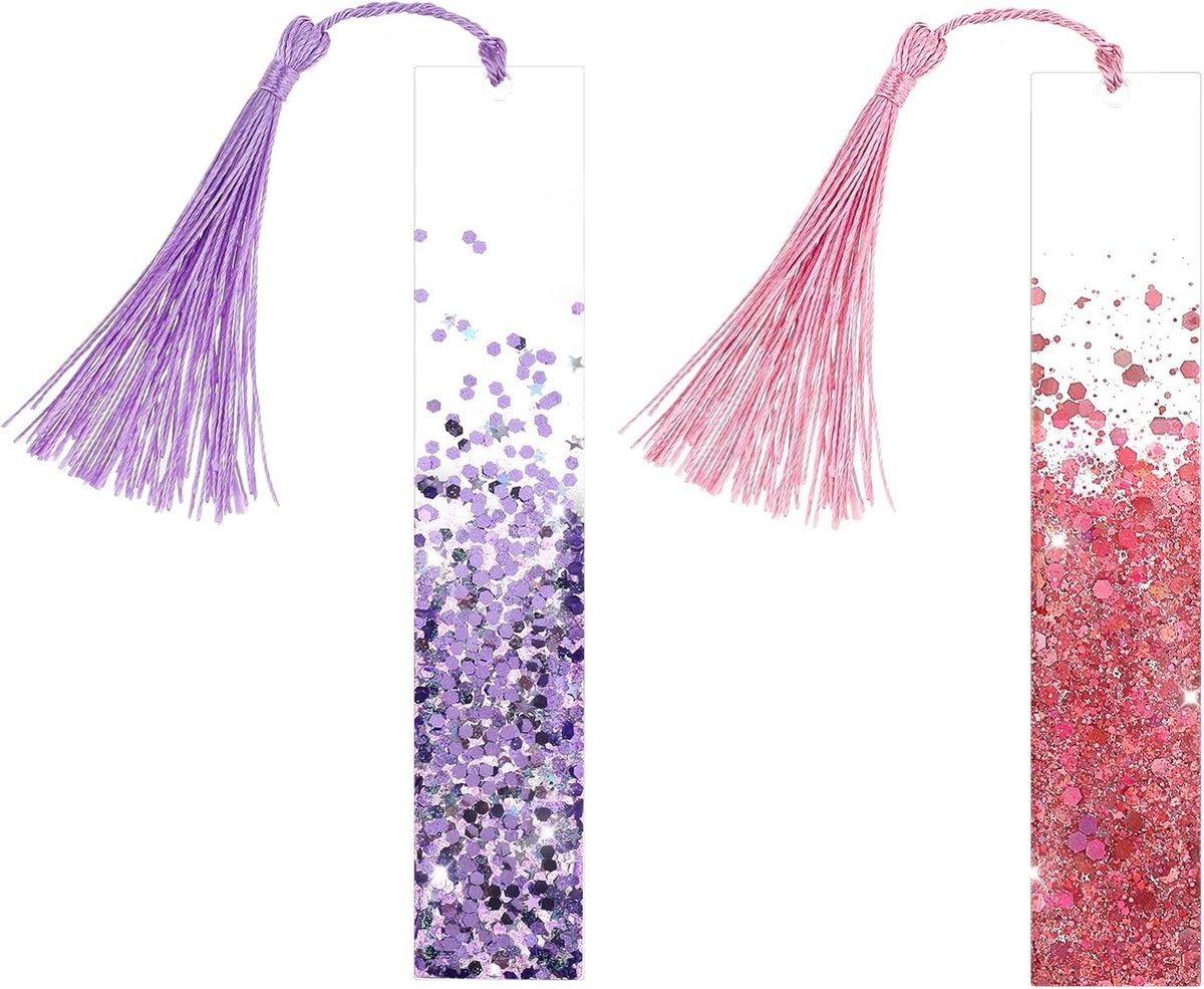 Glanzende Gedroogde Bloemen Resin Boekenleggers, 2 Stuks Handgemaakte Transparante Boekenleggers met Kleurrijke Zijden Kwastjes voor Vrouwen, Meisjes en Kinderen als Kerstcadeau