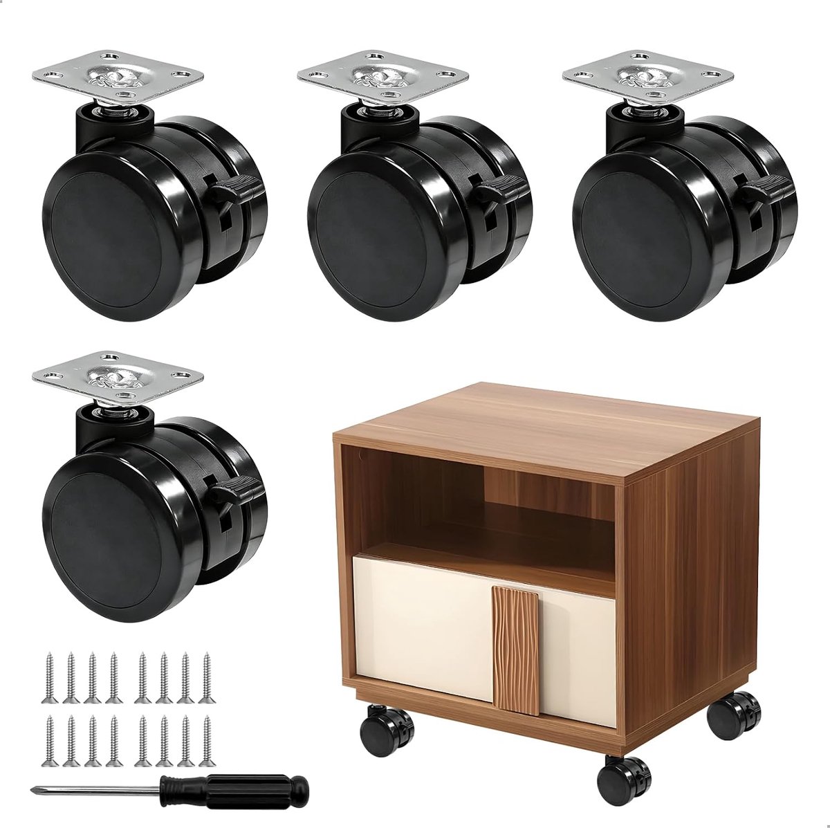 Zwenkwielen voor meubels met rem, diameter 48 mm, 360 graden wielen voor meubels, wielen voor meubels, geluidsarm, meubelrollen voor potplanten, nachtkastjes, afvalemmer