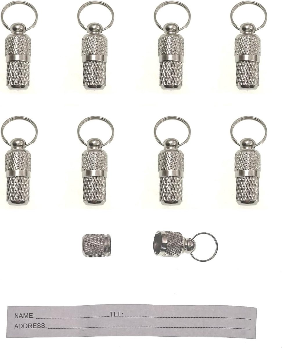 8 stuks hond ID tag vat met naam adres telefoonnummer ticket, dog tag capsule voor kraag, hond id buis, kleine kat ID tag, huisdier id tag