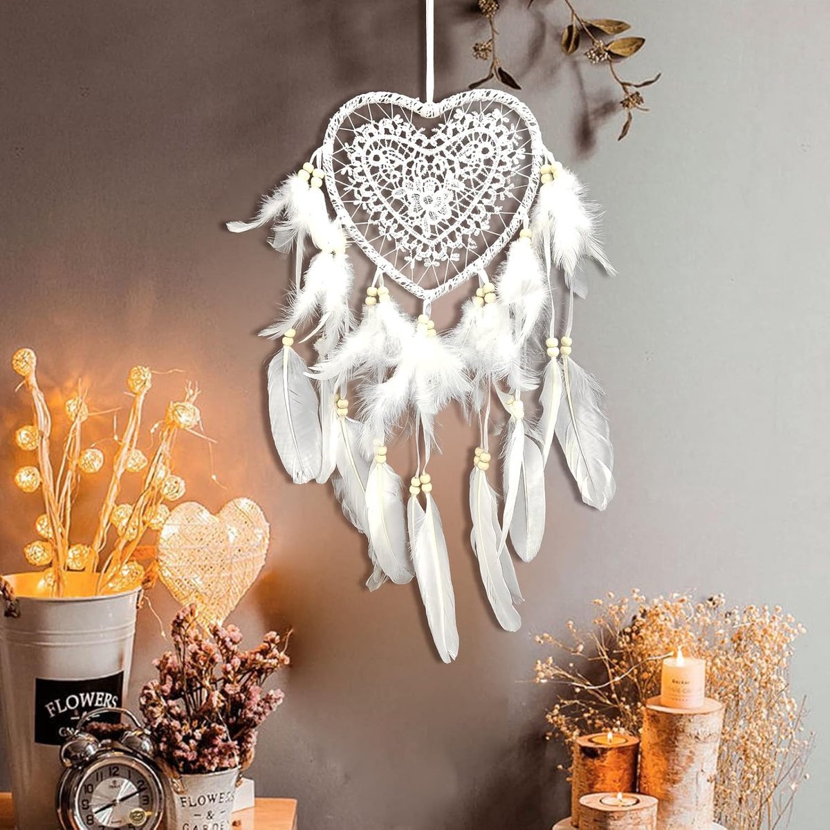 Hartdromenvanger, boho, wandbehang, veer, dromenvanger, handgemaakte fee dromenvanger, ornament voor slaapkamer, bruiloftsdecoratie, wit
