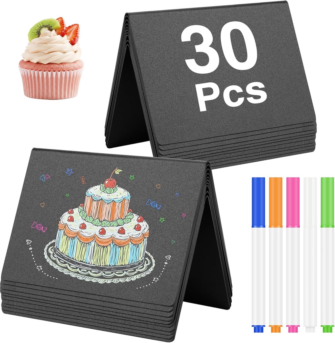 30 stuks krijtborden, klein om te beschrijven, V-vorm, kleine borden voor prijsetiketten, buffetborden, tafelkaarten, mini-krijtbord met 5 pennen en 1 poetsdoek voor bruiloft, feest, restaurant
