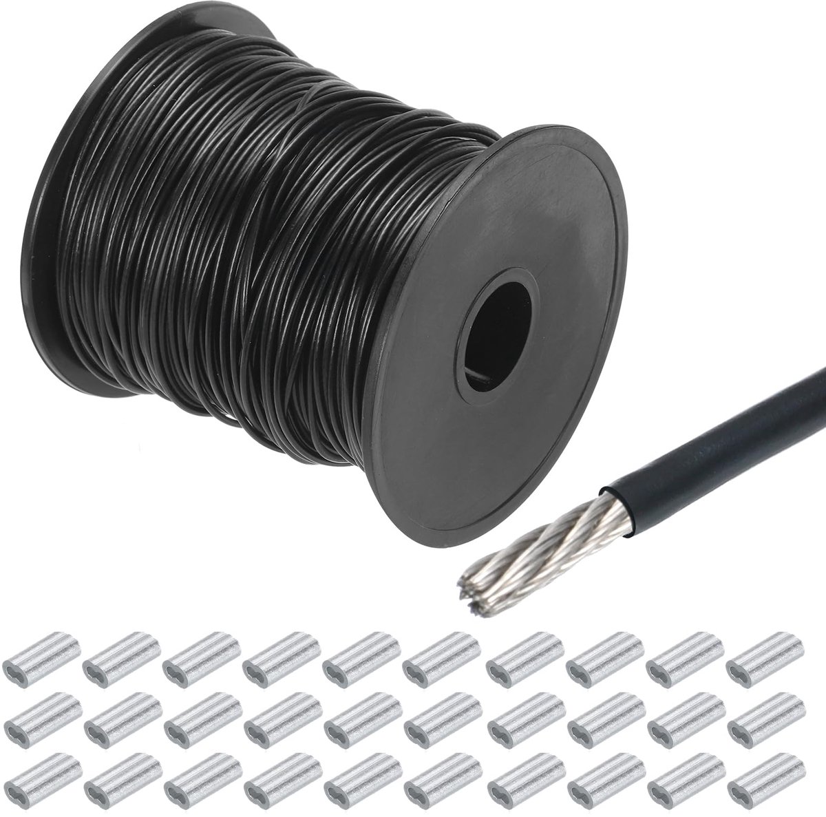 328 ft (100 m) staalkabel roestvrij staal 304 1/16 inch (1,5 mm) vinylgecoat met vinyl gecoat met 30 stuks aluminium hulzen om op te hangen, optillen zwart